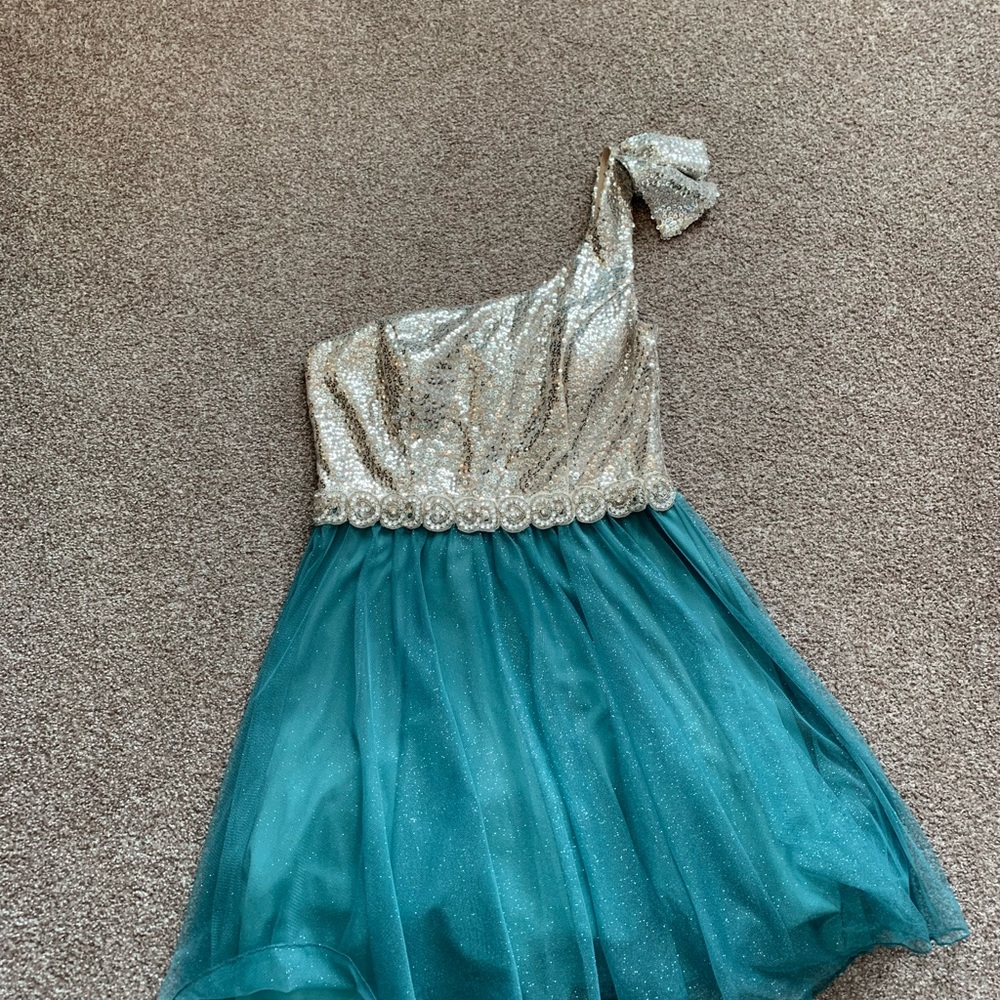 Teal/Gold One-Shoulder Dress